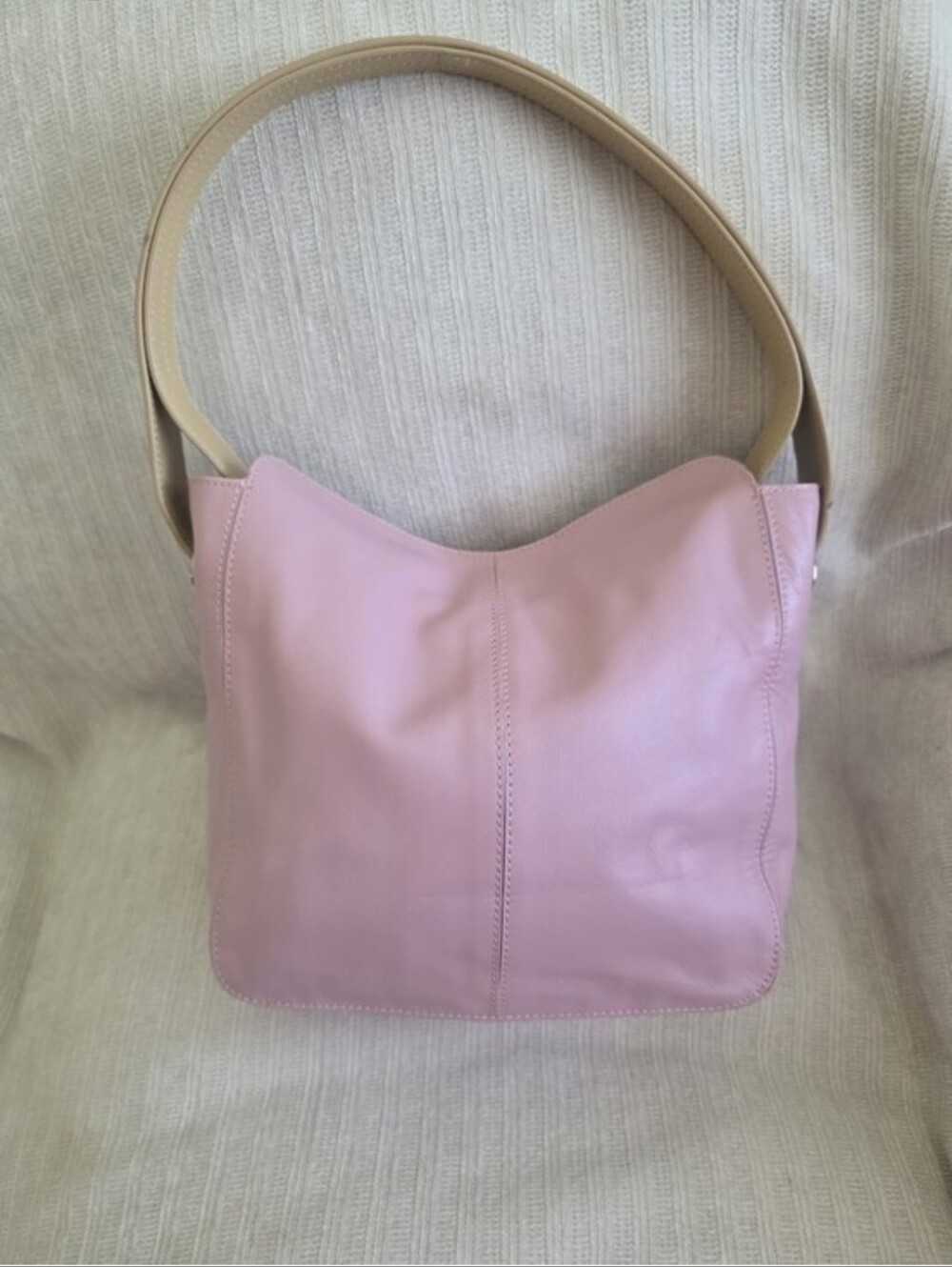 Pink Leather Shoulder Bag with Tan Strap